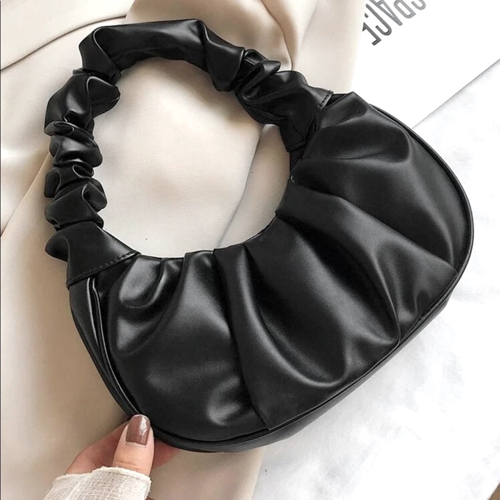 Black faux leather Ruched Baguette Bag